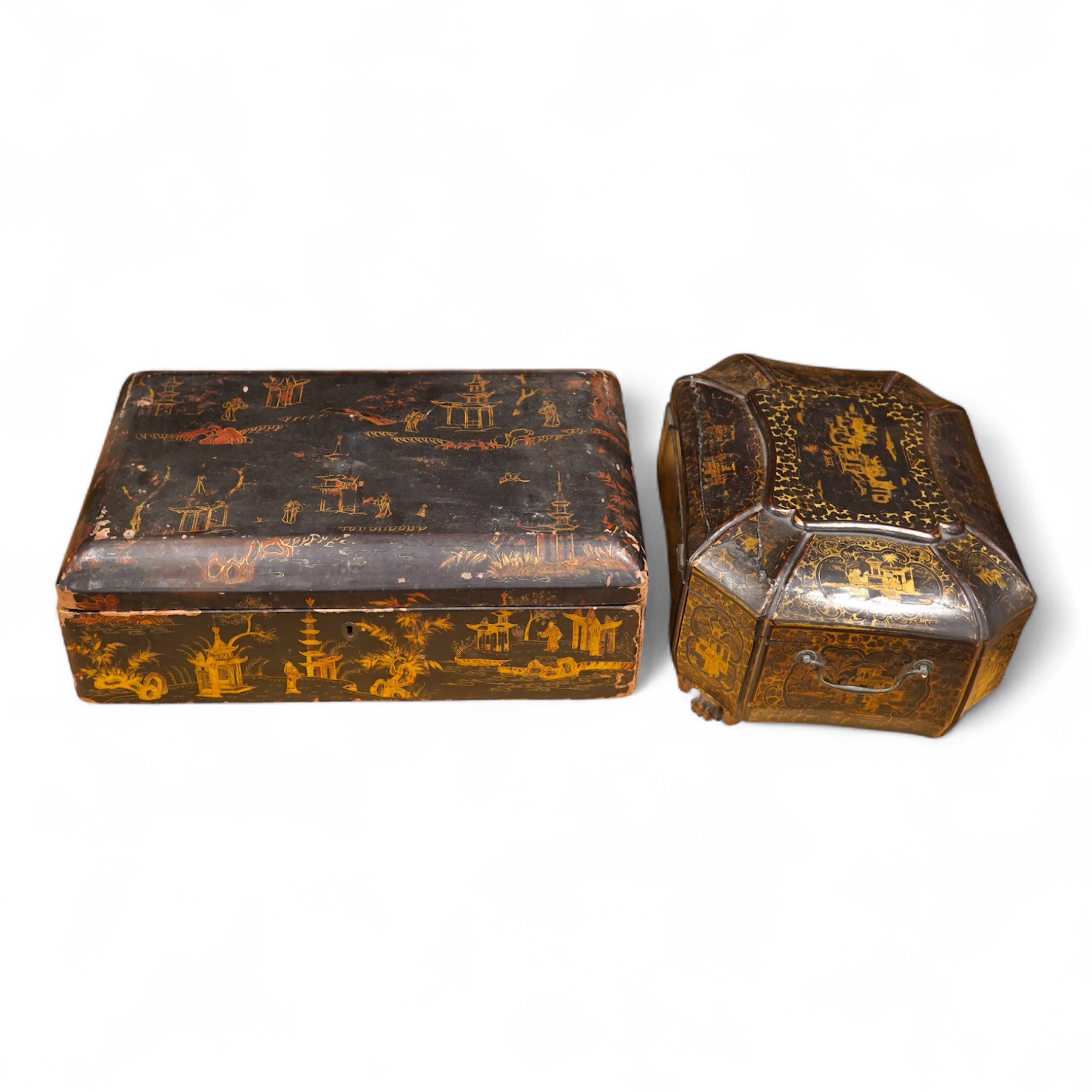Two 19th century Chinese export lacquer boxes, to include a hexagonal example with front drawer and key, 36cm wide x 28cm deep x 16cm high